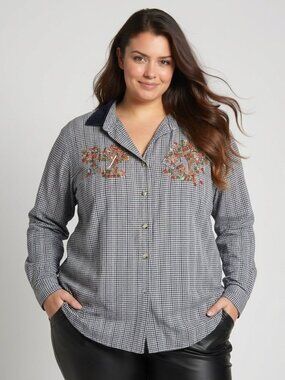 Studio Collection Vintage Autumn Motifs Embroidered Checks Button Down Shirt Top